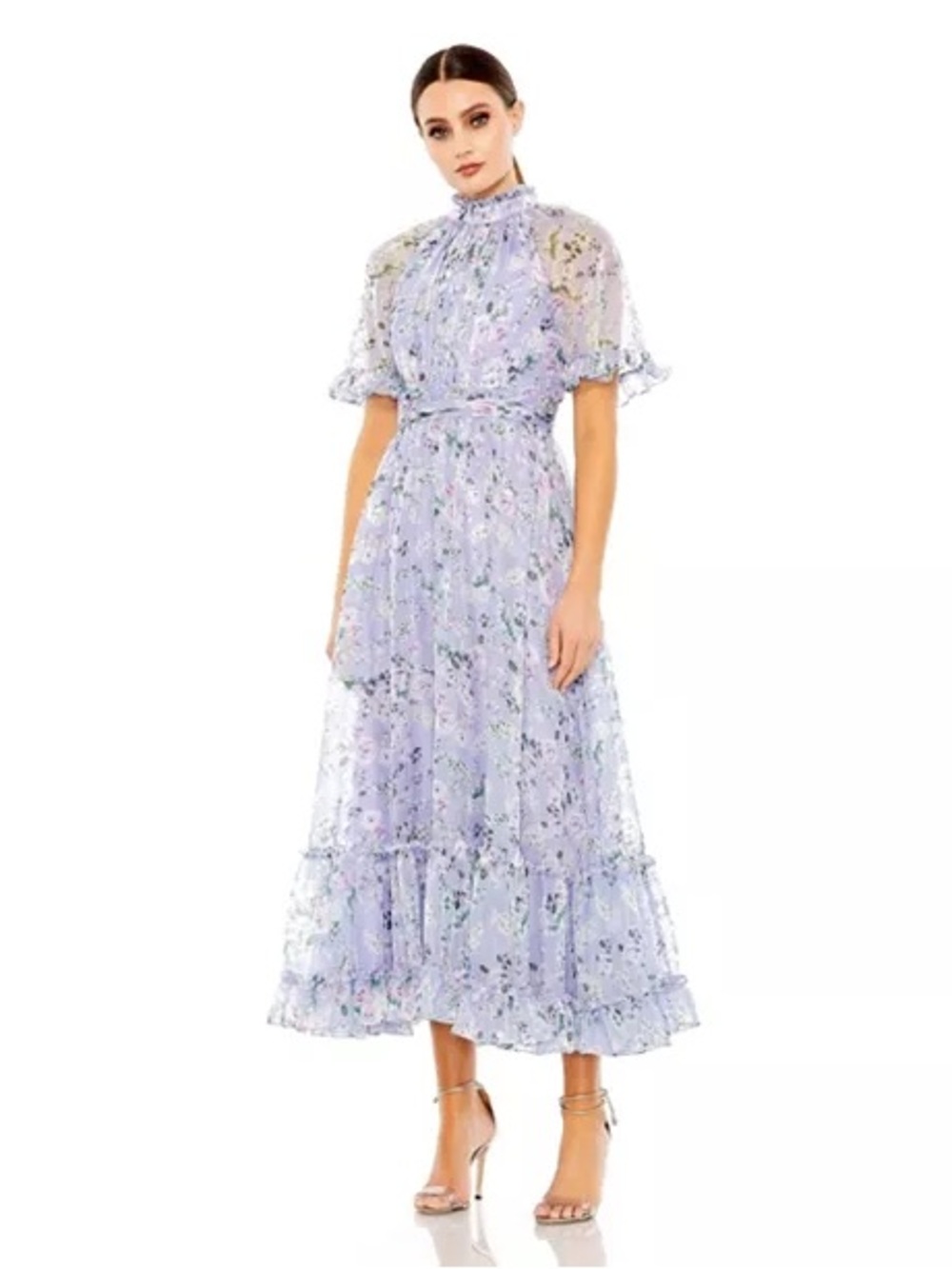 Mac Duggal Women's Floral Print High Neck Raglan Sleeve Dress